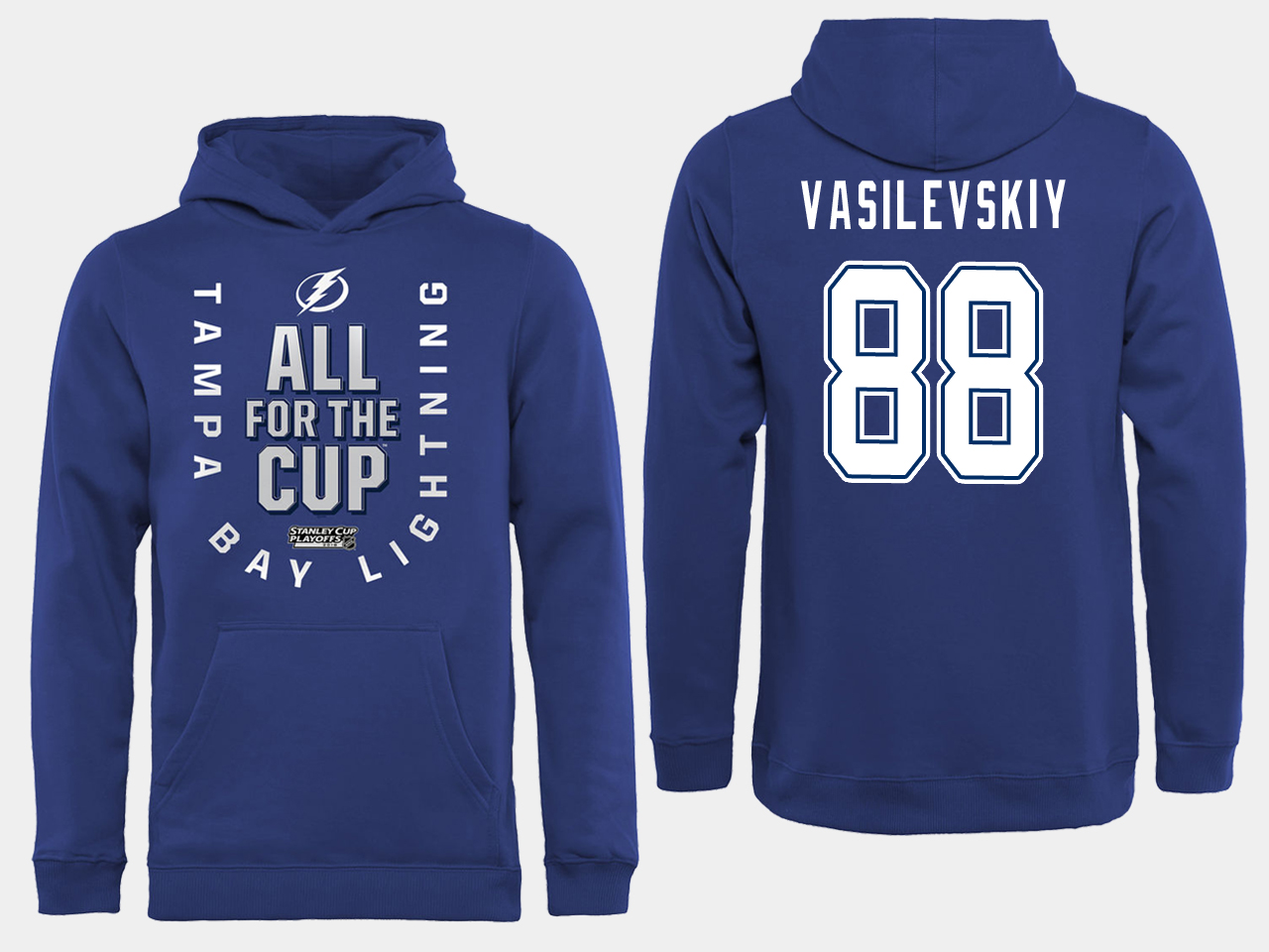 NHL Men adidas Tampa Bay Lightning 88 Vasilevskiy blue All for the Cup Hoodie